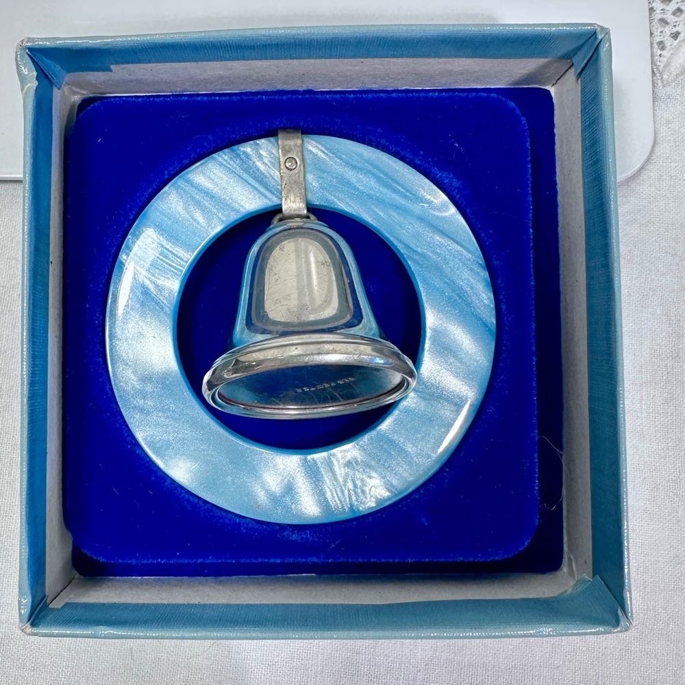 Vintage Web Silver Company Blue Pewter Teething Ring Bell Baby Rattle w Box